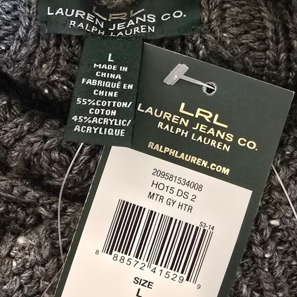 LRL Ralph Lauren Grey‎ Cowl Neck Cable Knit Classic Sweater Size Large New! - Picture 4 of 7